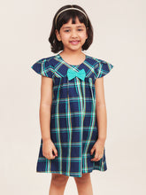 Load image into Gallery viewer, Campana Girls Suzy Cotton Checked Dress with Bow - Windowpane Checks - Navy & Turquoise