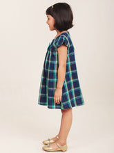 Load image into Gallery viewer, Campana Girls Suzy Cotton Checked Dress with Bow - Windowpane Checks - Navy & Turquoise