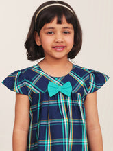 Load image into Gallery viewer, Campana Girls Suzy Cotton Checked Dress with Bow - Windowpane Checks - Navy & Turquoise