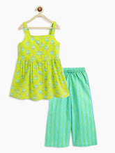 Load image into Gallery viewer, Campana Girls Udita Tunic & Culottes Indo Western Set - Floral Print - Lime & Blue