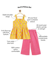 Load image into Gallery viewer, Campana Girls Udita Pure Cotton Floral Blockprint Tunic with Striped Palazzo Set - Yellow & Pink