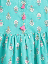 Load image into Gallery viewer, Campana Girls Zoe Cotton Dress - Floral Blockprint - Turquoise & Pink
