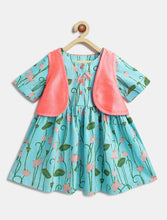 Load image into Gallery viewer, Campana Girls Zoe Cotton Dress with Short Jacket - Lotus Print - Light Blue & Pink