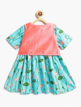 Load image into Gallery viewer, Campana Girls Zoe Pure Cotton Lotus Printed Dress with Jacket - Light Blue & Peach
