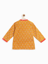 Load image into Gallery viewer, Campana Boys Ananda Dhoti Kurta Set - Wildflower and Leheriya Print - Mustard & Orange
