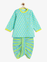 Load image into Gallery viewer, Campana Boys Ananda Dhoti Kurta Set - Floral & Zigzag Print - Blue & Lime Green