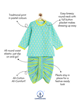 Load image into Gallery viewer, Campana Boys Ananda Dhoti Kurta Set - Floral & Zigzag Print - Blue & Lime Green