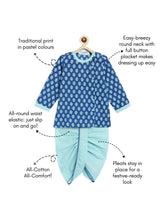 Load image into Gallery viewer, Campana Boys Ananda Dhoti Kurta Set - Small Blockprint - Royal Blue & Turquoise