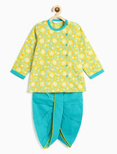 Load image into Gallery viewer, Campana Boys Ananda Floral Printed Cotton Kurta Dhoti Set - Lime Green & Turquoise