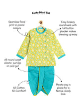 Load image into Gallery viewer, Campana Boys Ananda Floral Printed Cotton Kurta Dhoti Set - Lime Green & Turquoise