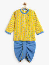 Load image into Gallery viewer, Campana Boys Ananda Pure Cotton Floral String Print Dhoti Kurta Set - Mustard & Blue
