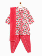 Load image into Gallery viewer, Campana Girls Kaveri Kurta with Dhoti & Dupatta Set - Carnations Print - Pink & Red