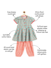 Load image into Gallery viewer, Campana Girls Ruhi Kurta with Afghani Salwar Set - Block Print - Sage Green & Peach