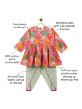 Load image into Gallery viewer, Campana Girls Asmi Dhoti Set - Bold Florals - Pink & Pista Green