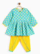 Load image into Gallery viewer, Campana Girls Asmi Pure Cotton Floral Blockprint Kurta with Dhoti Pants Set - Turquoise & Yellow