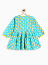 Load image into Gallery viewer, Campana Girls Asmi Pure Cotton Floral Blockprint Kurta with Dhoti Pants Set - Turquoise & Yellow