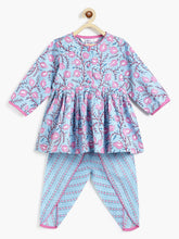 Load image into Gallery viewer, Campana Girls Asmi Pure Cotton Anaar Print Kurta with Dhoti Pants Set - Light Blue & Purple