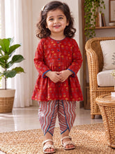 Load image into Gallery viewer, Campana Girls Asmi Pure Cotton Floral Kurta with Striped Dhoti Set - Red & Blue