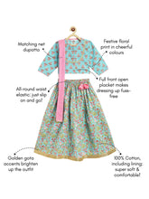 Load image into Gallery viewer, Campana Girls Koel Lehenga Set - Flower Bud Print - Sky Blue & Pink