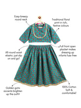 Load image into Gallery viewer, Campana Girls Koel Lehenga Set - Floral Blockprint - Green & Purple