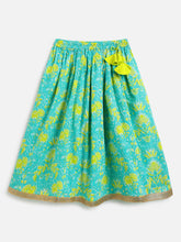 Load image into Gallery viewer, Campana Girls Koel Pure Cotton Floral Printed Lehenga Set - Turquoise & Lime Green