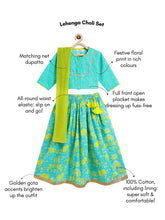 Load image into Gallery viewer, Campana Girls Koel Pure Cotton Floral Printed Lehenga Set - Turquoise & Lime Green