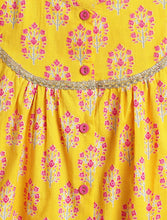 Load image into Gallery viewer, Campana Girls Revathi Cotton Kurti Pants Set - Block Print & Stripes - Yellow & Pink