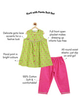 Load image into Gallery viewer, Campana Girls Revathi Pure Cotton Floral String Printed Kurti Pants Set - Light Green & Pink