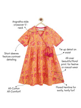 Load image into Gallery viewer, Campana Girls Nihira Flared Kurta - Seamless Floral Print - Orange & Magenta
