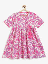 Load image into Gallery viewer, Campana Girls Nihira Pure Cotton Kanthawork & Floral Printed Flared Kurta - White & Pink