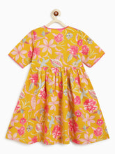Load image into Gallery viewer, Campana Girls Nihira Pure Cotton Seamless Floral Print Kurta - Mustard Yellow & Pink