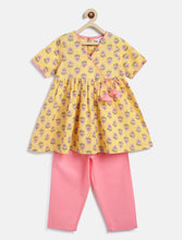 Load image into Gallery viewer, Campana Girls Nihira Kurti with Pants Set - Floral Blockprint - Yellow & Pink