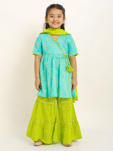 Load image into Gallery viewer, Campana Girls Nihira Sharara Set with Printed Dupatta - Blockprint & Leheriya - Turquoise and Lime Green