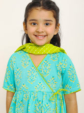 Load image into Gallery viewer, Campana Girls Nihira Sharara Set with Printed Dupatta - Blockprint & Leheriya - Turquoise and Lime Green