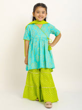 Load image into Gallery viewer, Campana Girls Nihira Sharara Set with Printed Dupatta - Blockprint & Leheriya - Turquoise and Lime Green