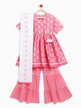 Load image into Gallery viewer, Campana Girls Nihira Sharara Set with Embroidered Dupatta - Blockprint & Zigzag - Pink & White