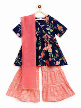 Load image into Gallery viewer, Campana Girls Nihira Sharara Set with Dupatta - Seamless Floral Print - Navy & Peach