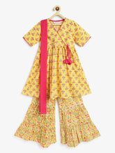 Load image into Gallery viewer, Campana Girls Nihira Sharara Set with Dupatta - Flower Bud Print - Yellow & Pink