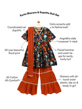 Load image into Gallery viewer, Campana Girls Nihira Floral Printed Cotton Kurta Sharara & Dupatta Set - Navy & Rust
