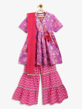 Load image into Gallery viewer, Campana Girls Nihira Floral Printed Cotton Kurta Sharara & Dupatta Set - Purple & Pink