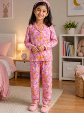 Load image into Gallery viewer, Campana Girls Full Sleeves Floral Printed Nightsuit - Pink & Orange