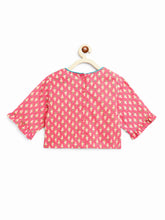 Load image into Gallery viewer, Campana Girls Heera Frilly Lehenga with Angrakha Choli & Dupatta Set - Paisley & Flowers - Pink