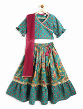 Load image into Gallery viewer, Campana Girls Heera Lehenga Set - Floral Paisley Print - Green & Purple