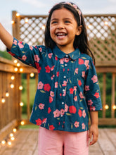 Load image into Gallery viewer, Campana Girls Aria Pure Cotton Floral Printed Pleated Top - Navy Blue