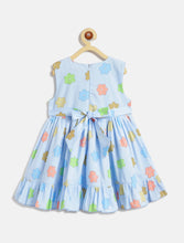 Load image into Gallery viewer, Campana Girls Crystal 100% Cotton Dress with Belt - Flower Doodle Print - Light Blue