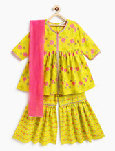 Load image into Gallery viewer, Campana Girls Uma Flared Kurta Sharara Set - Flowers & Stripes - Lime Green & Pink