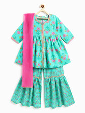 Load image into Gallery viewer, Campana Girls Uma Flared Kurta Sharara Set - Flowers & Stripes - Turquoise & Pink