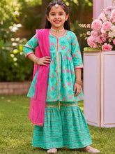 Load image into Gallery viewer, Campana Girls Uma Pure Cotton Floral Printed Kurta Sharara With Dupatta Set - Turquoise & Pink