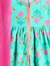 Load image into Gallery viewer, Campana Girls Uma Pure Cotton Floral Printed Kurta Sharara With Dupatta Set - Turquoise & Pink