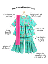 Load image into Gallery viewer, Campana Girls Uma Pure Cotton Floral Printed Kurta Sharara With Dupatta Set - Turquoise & Pink